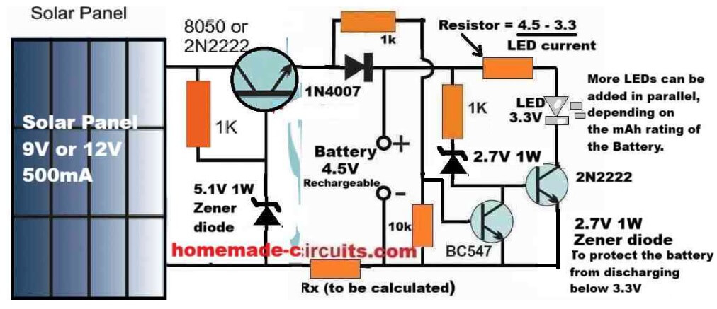 solar garden light circuit with automatic day night on off with battery protections