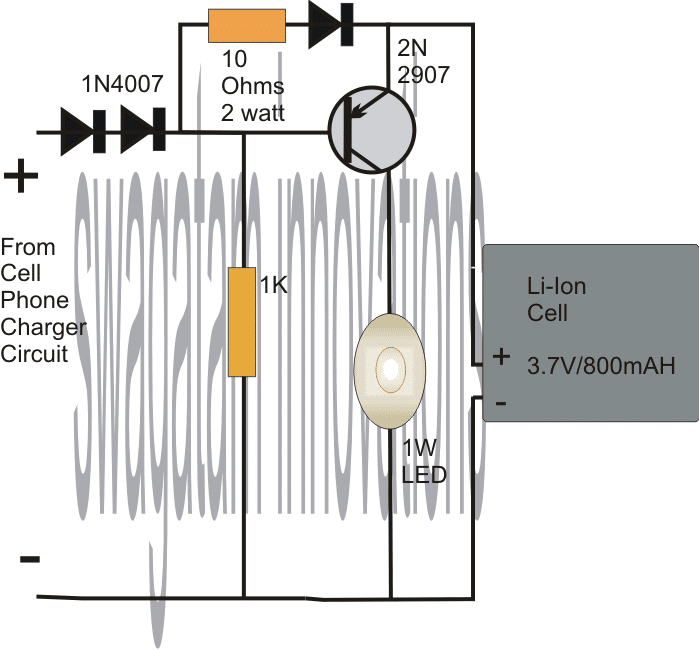 emergency lamp circuit diagram with 1 watt LEDs and Li-ion battery