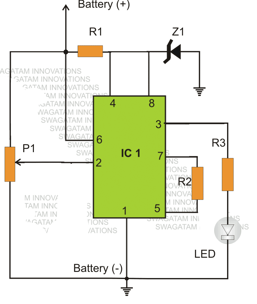 IC 555 low battery indicator circuit