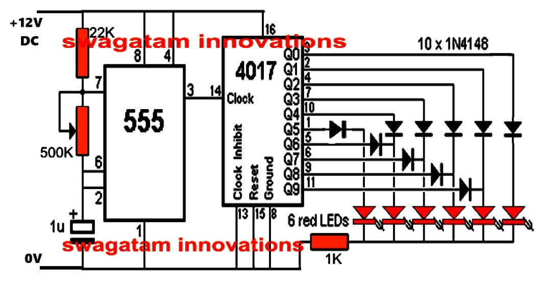 LED chaser knight rider circuit diagram 12V DC