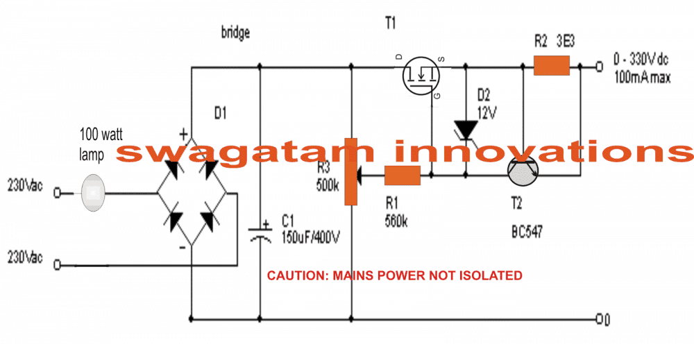 0 300v Adjustable Mosfet Transformerless Power Supply Circuit Homemade Circuit Projects