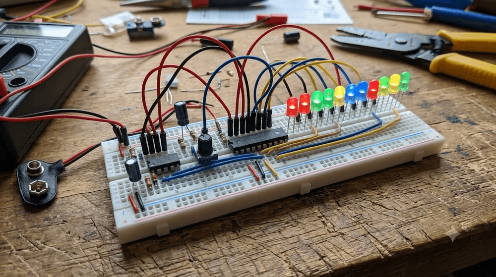 LED chaser, sequencer circuit on breadboard
