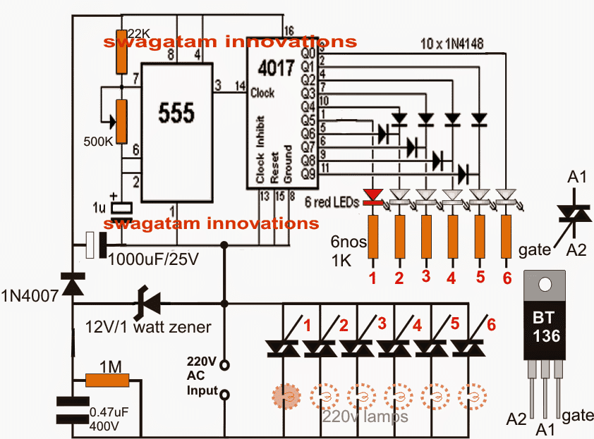 Chaser circuit with 220 V bulbs