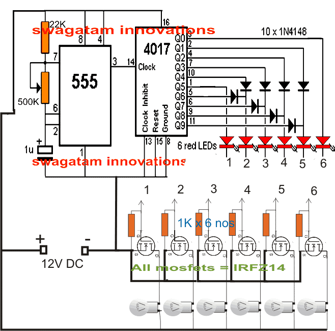 reverse forward Chaser circuit with MOSFETs and car bulb