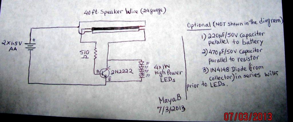 joule thief pictorial diagram for illuminating 4 nos of 1 watt LED using a 1.5V battery