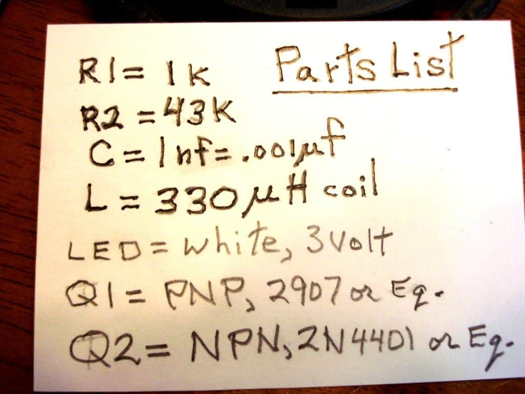 parts list for 1.5V to 12V DC Converter Circuit Diagram