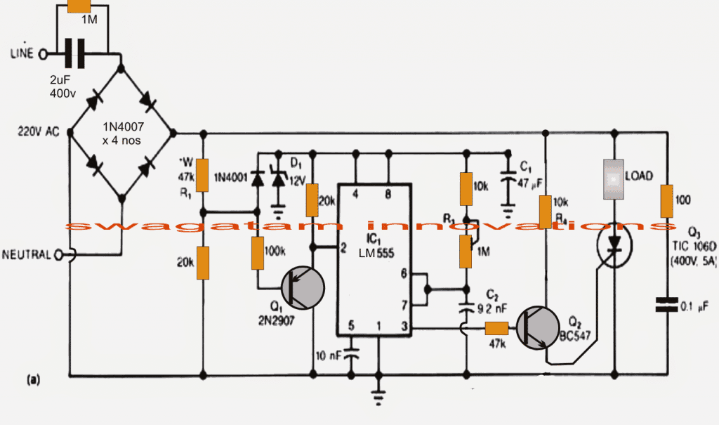 switched transformerless power supply circuit diagram using IC 555 and SCR