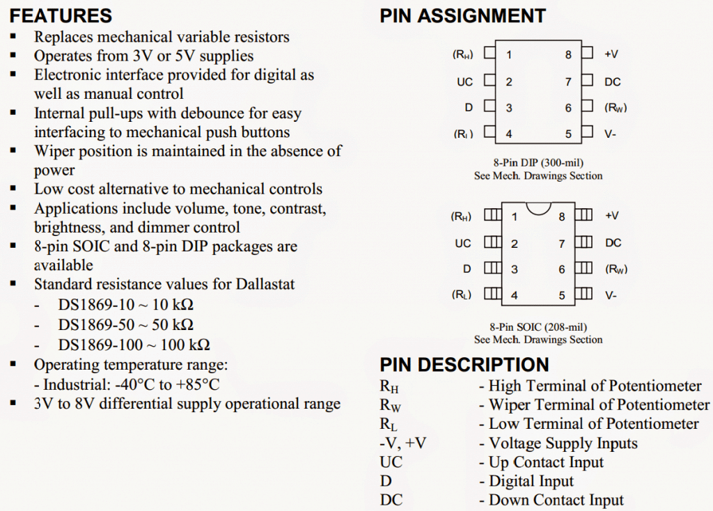 digital potentiometer IC DS1869 pinouts and datasheet