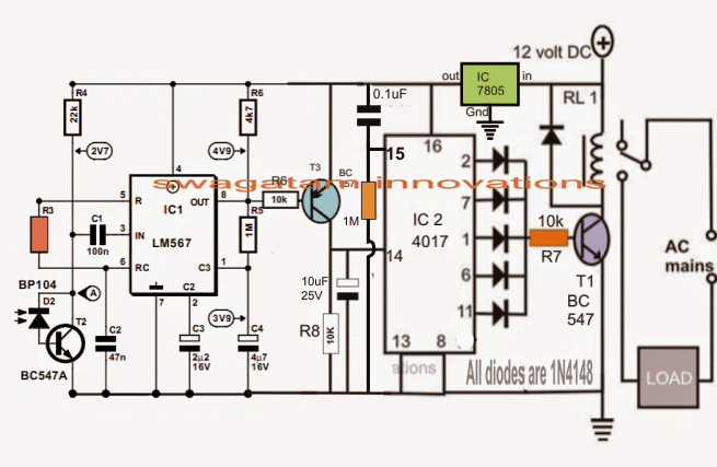 Remote control receiver circuit using LM567 IR detector