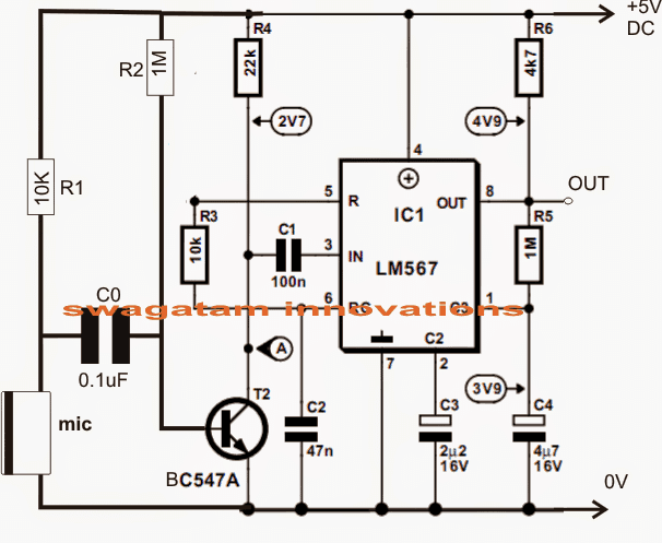 sound frequency detector circuit using IC LM567