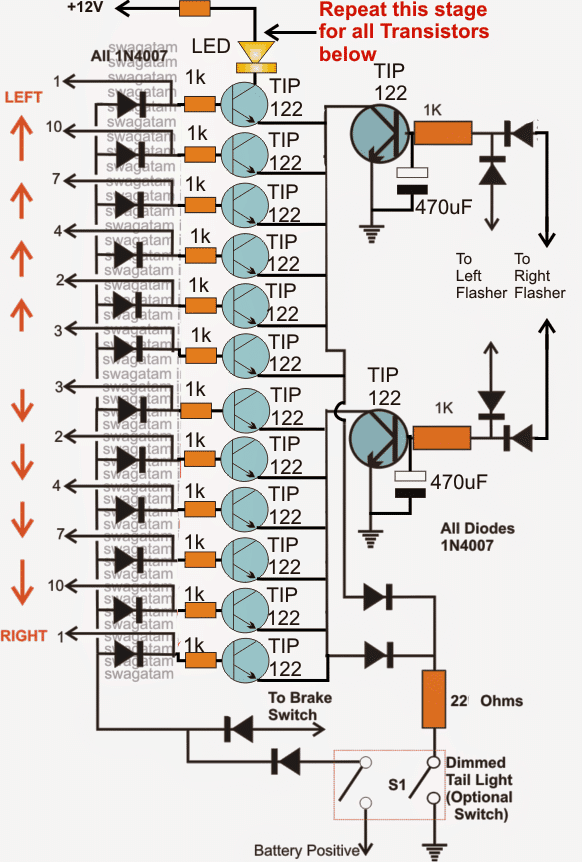 4017 IC LED driver using TIP122 transistors