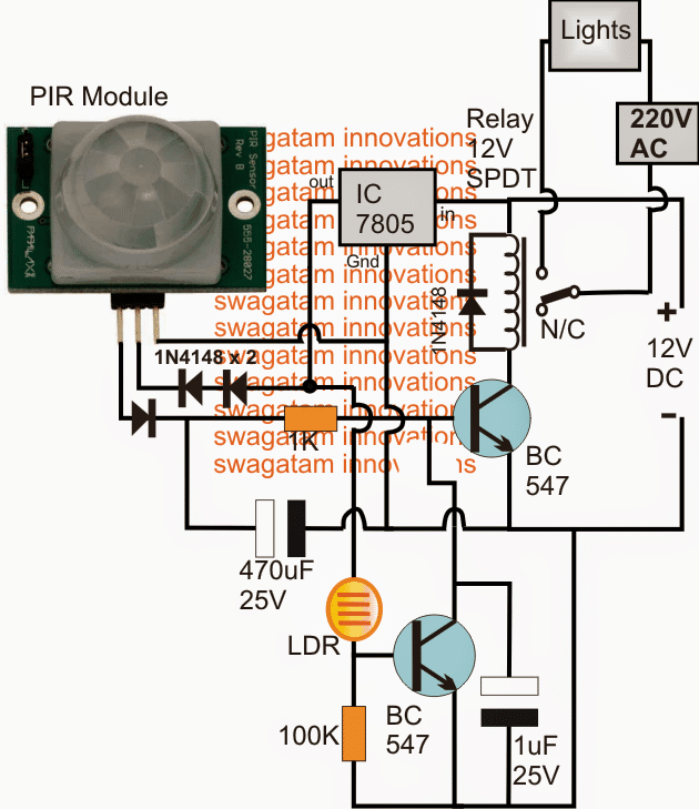 LDR and PIR controlled ceiling fan circuit