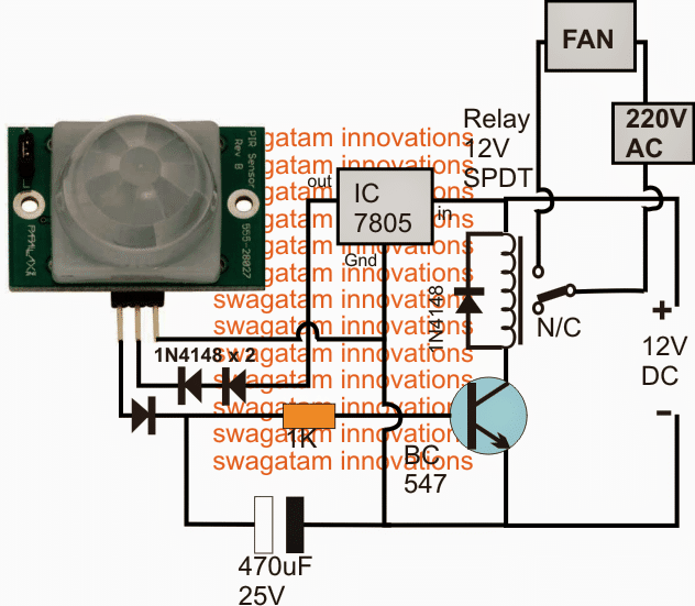 PIR controlled ceiling fan circuit diagram