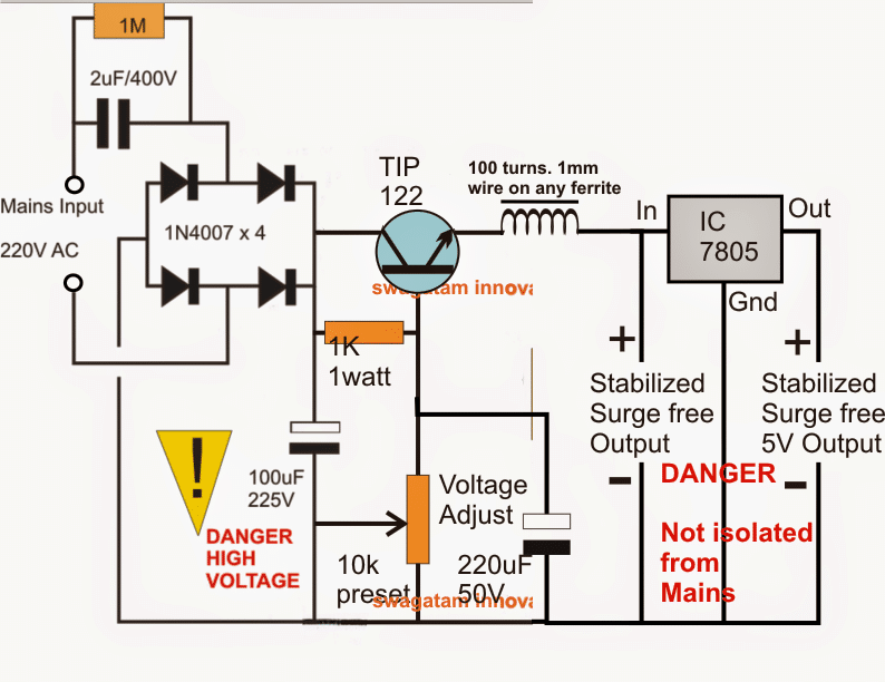 voltage stabilized 5 V transformerless power supply circuit diagram