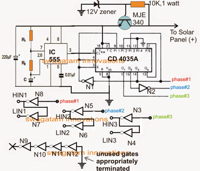 CD 4035 based 3 phase converter circuit oscillator