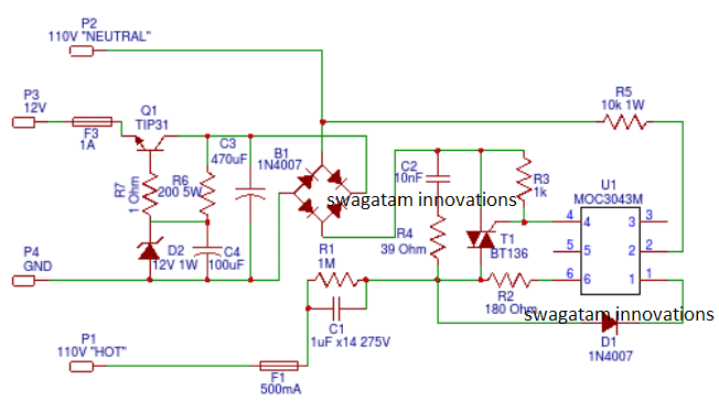 zero crossing controlled transformerless power supply circuit diagram with zener transistor output regulation