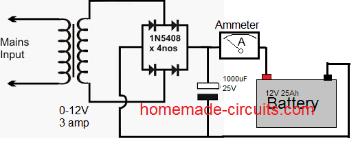 basic battery charger circuit using transformer and rectifier