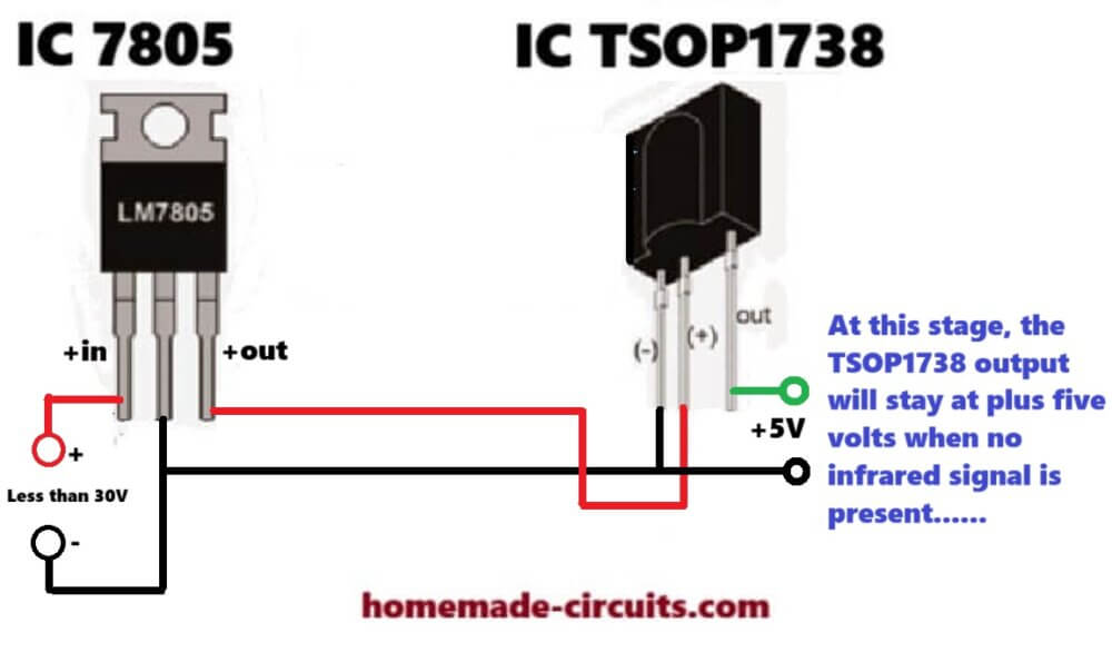 How to connect a TSOP1738 IR receiver sensor with a 5V source from a 7805 IC