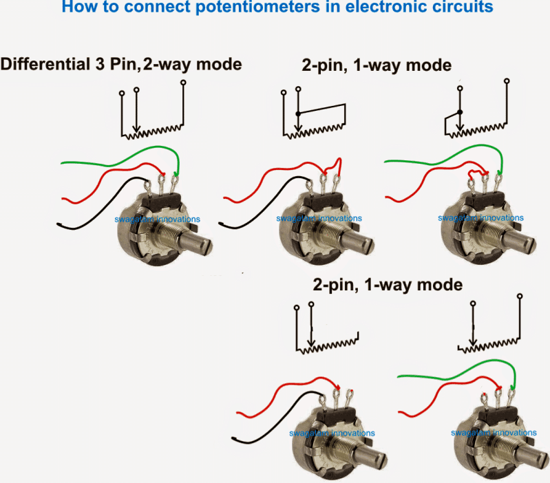 how to connect potetiometer in 3 pin mode and 2 pin mode. Potentiometer connection diagram