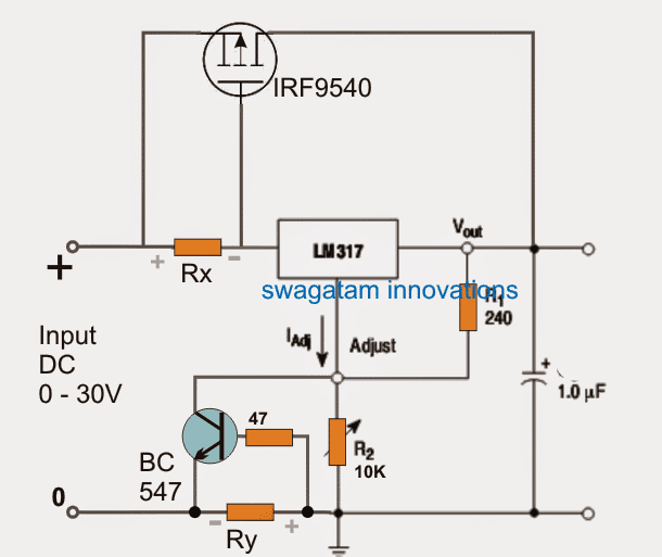 LM317 outboard boost transistor with short circuit protection