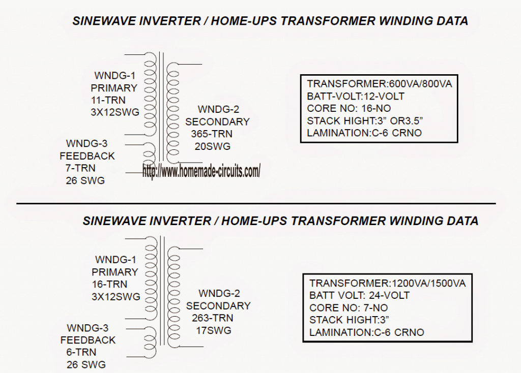 transformer winding details for sinewave ups using PIC16F72