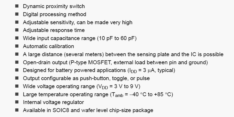  IC PCF8883 features of this specialized capacitive touch and proximity sensor
