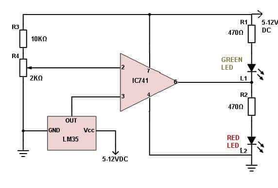 LM35 circuit uses an op-amp IC741 to give an indication