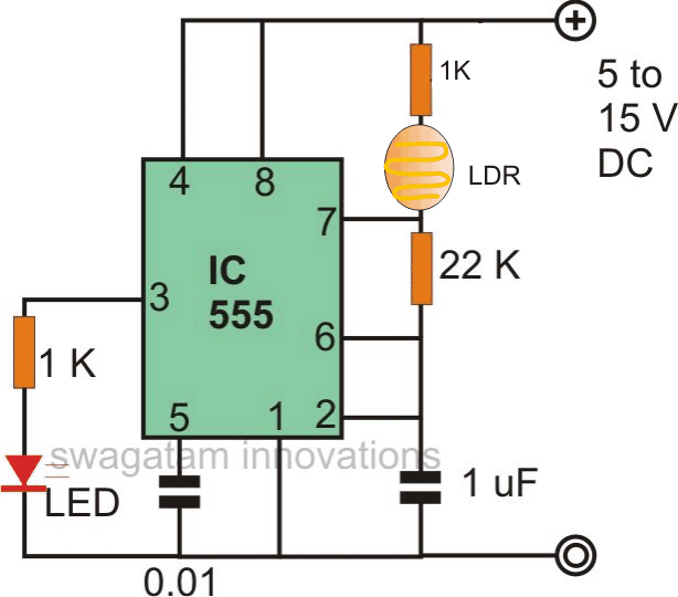 Light to frequency converter circuit diagram using IC 555