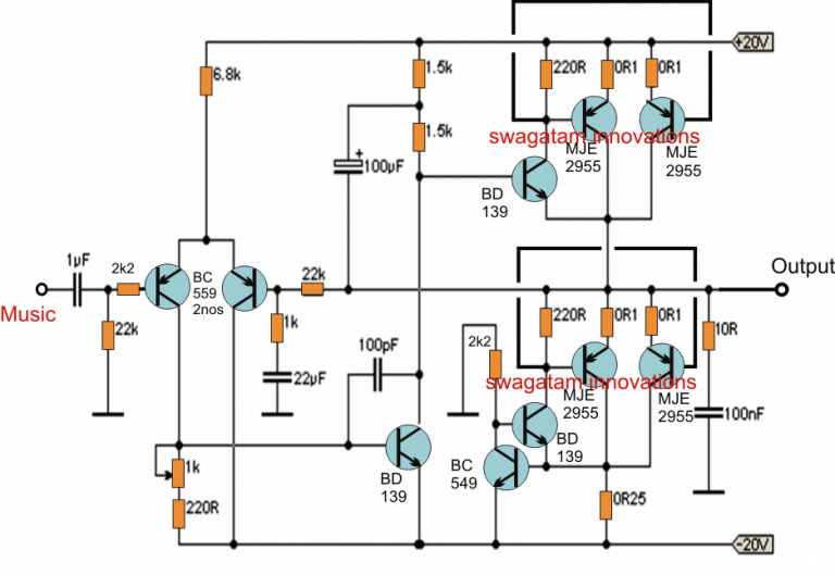 Simple 20 watt Amplifier Circuits - Homemade Circuit Projects