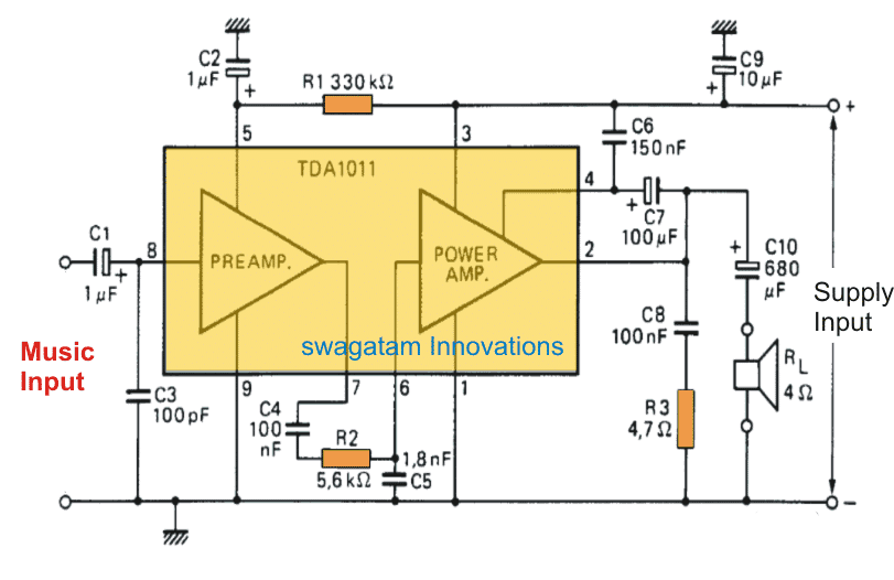6 watt Audio Amplifier Circuit Using TDA1011