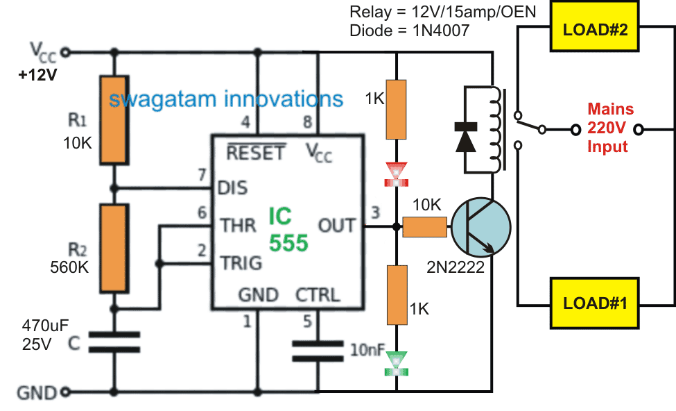 Switching Two Alternate Loads On Off With Ic 555 Homemade Circuit Projects