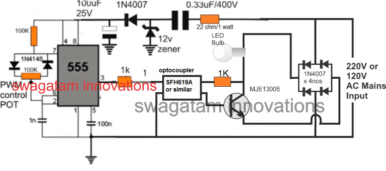 How to Add a Dimmer Facility to a LED Bulb Circuit Diagram