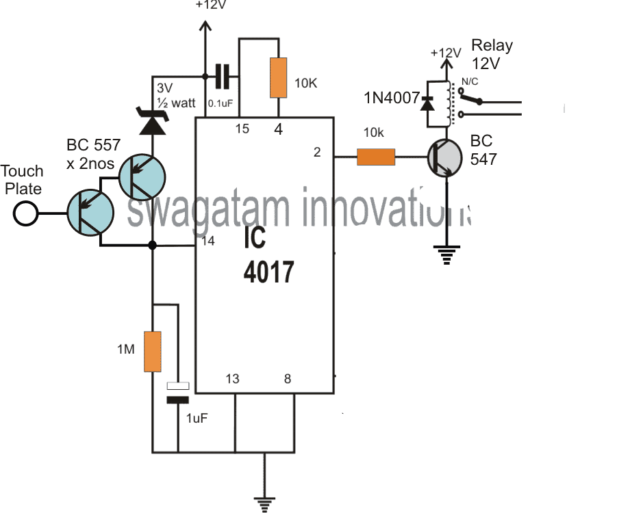 Simple Touch Sensor Switch Circuit using a Single IC 4017