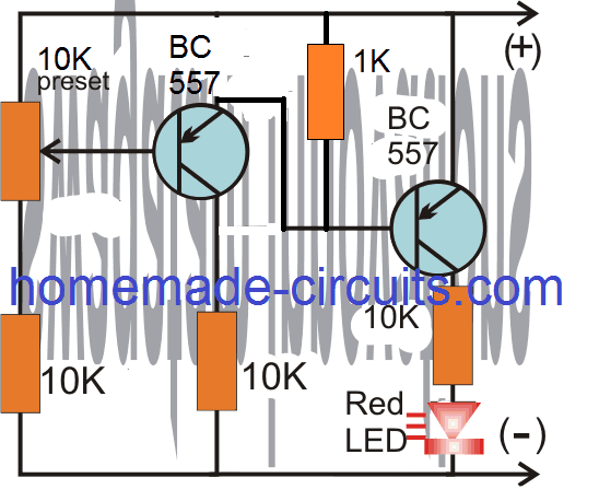 simple 2 transistor LED battery over charge indicator circuit