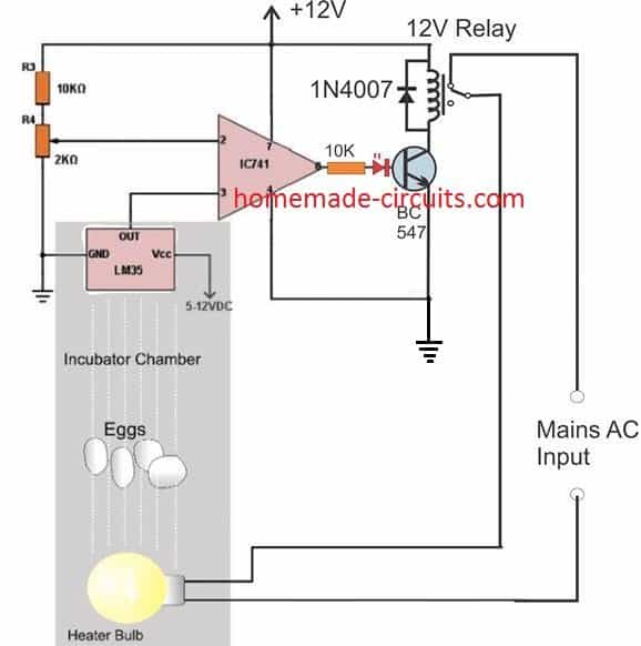 simple LM35 egg incubator temperature control circuit