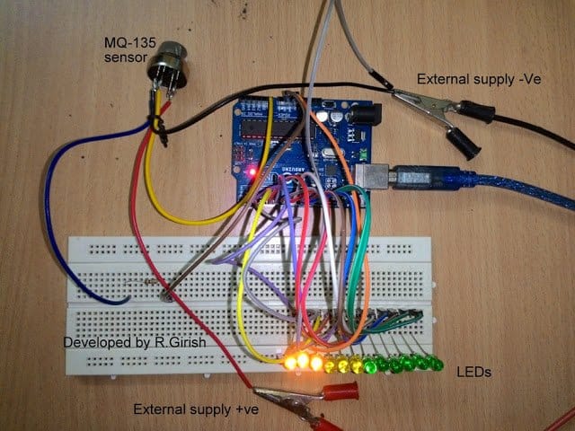 Tested Prototype LED Air Pollution Meter Circuit with Arduino