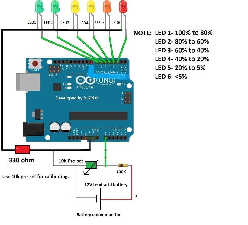 LED battery level indicator using Arduino code