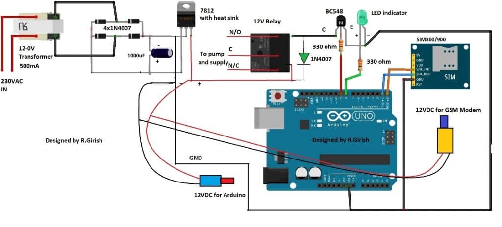GSM Pump Motor Controller Circuit using Arduino