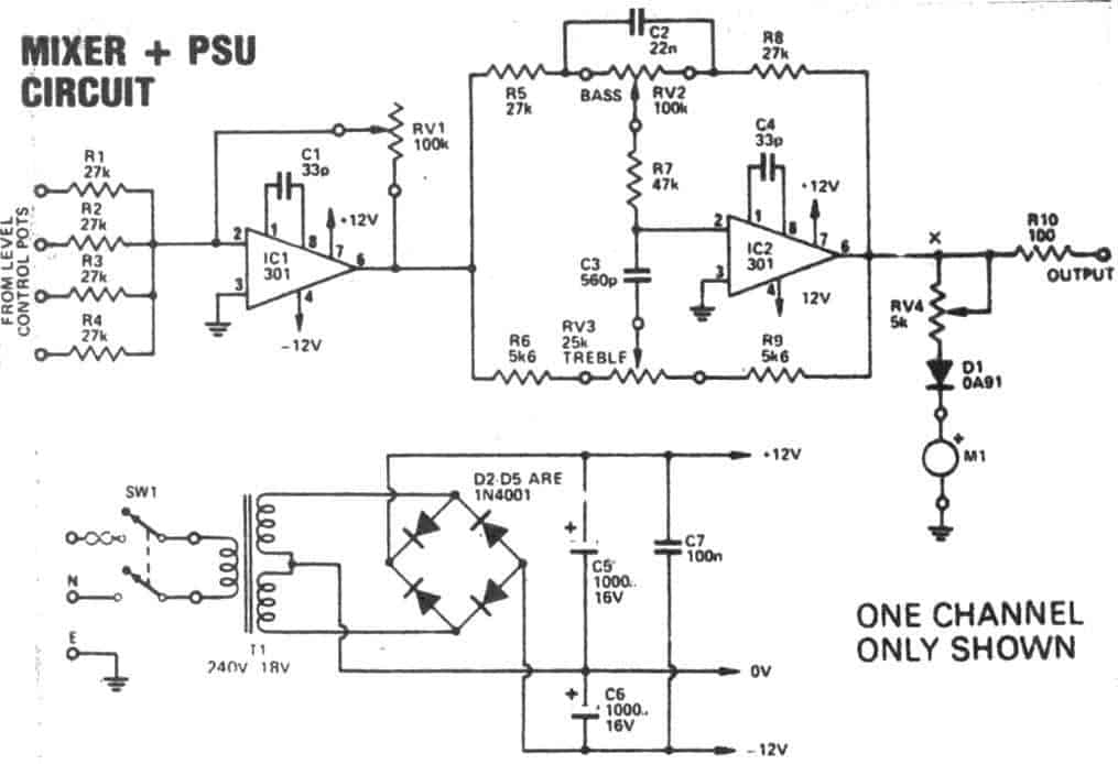 4 Channel Mixer with tone control Circuit