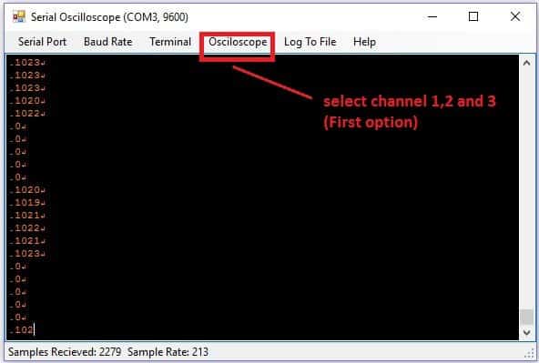 Now select “oscilloscope” tab and select “channels 1, 2 and 3” (first option). 