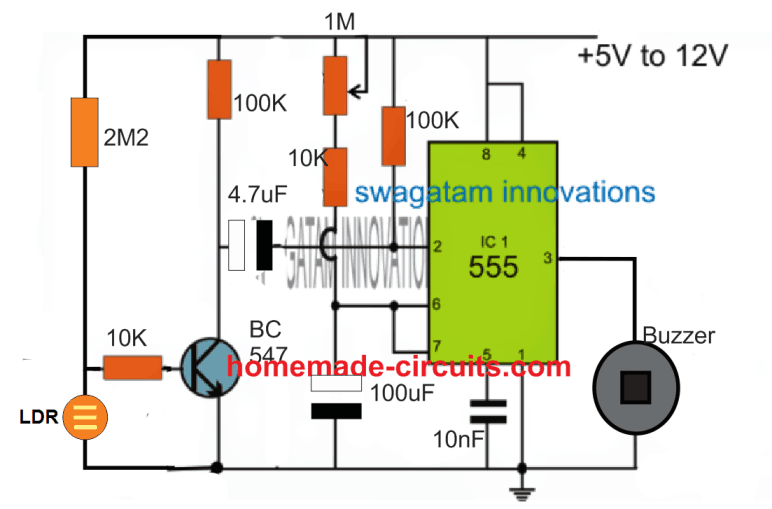 IC 555, Laser, LDR security with buzzer