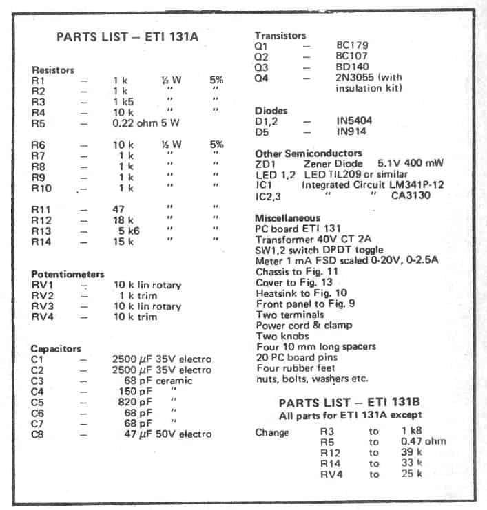 0-40V Power Supply Parts List