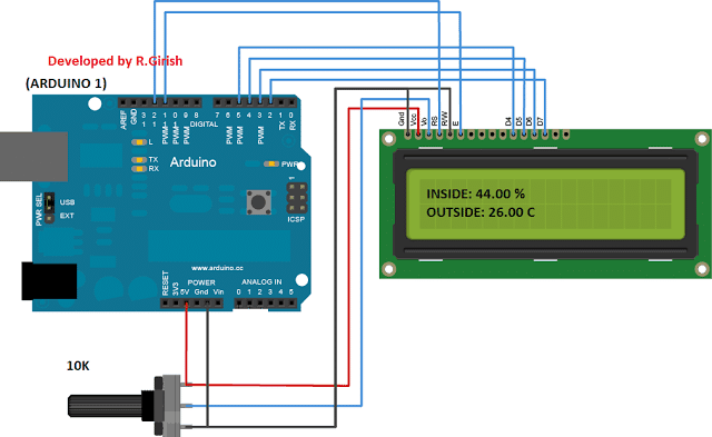 arduino to LCD display connection. 10K potentiometer 