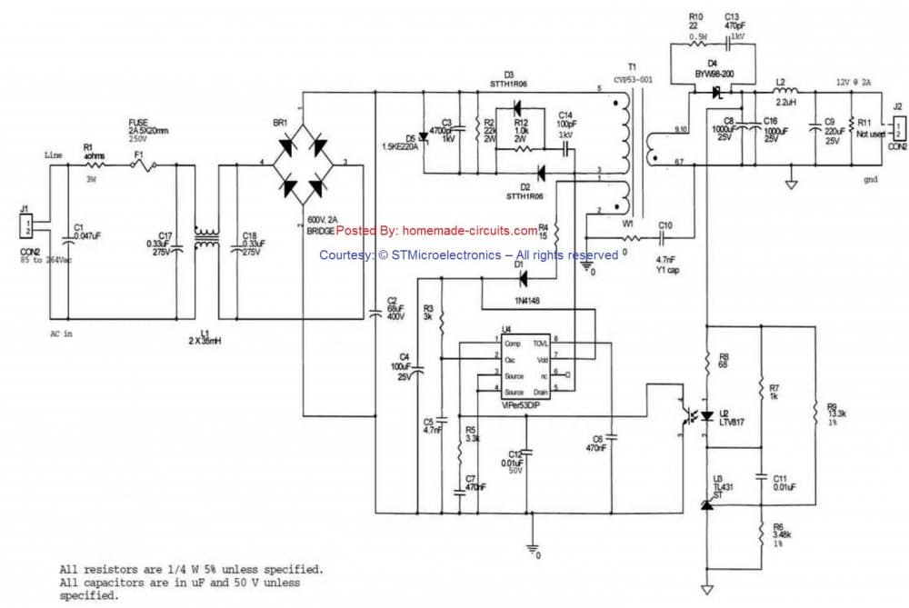VIPer53-E 12V 2 amp 24 watt SMPS circuit