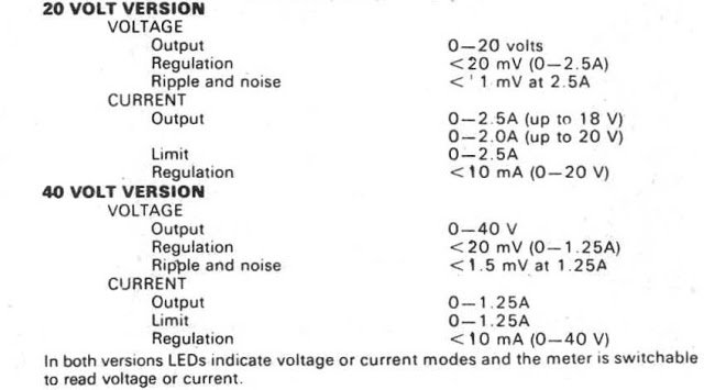 Technical Specs for the 0-40V Power Supply