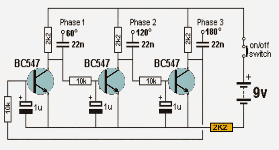 BC547 transistor based 3 phase signal generator circuit