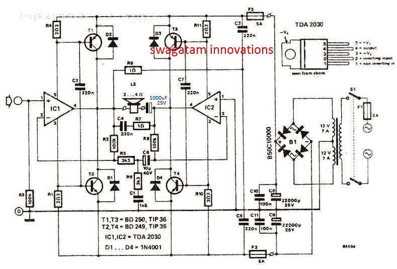 Bridged 120 watt amplifier circuit diagram using TDA2030 IC