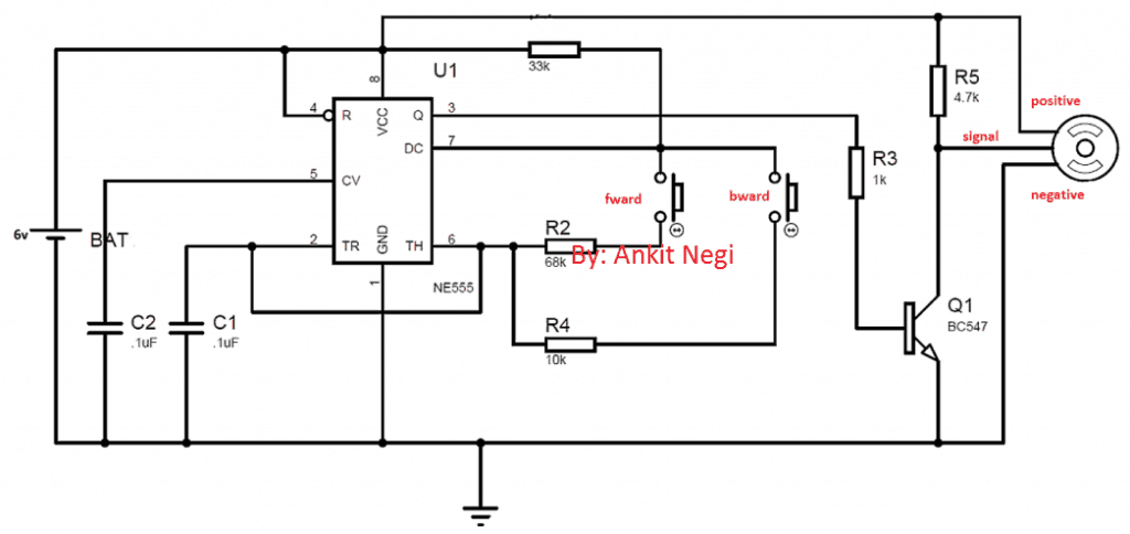 555 servo motor controller circuit using two push buttons