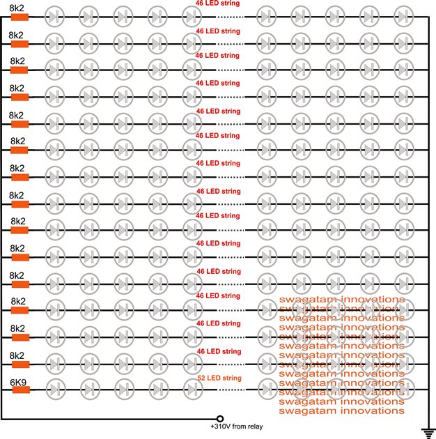 600 LED String Circuit diagram on Mains 220V