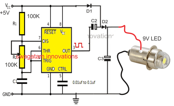 IC 555 voltage doubler circuit with LED